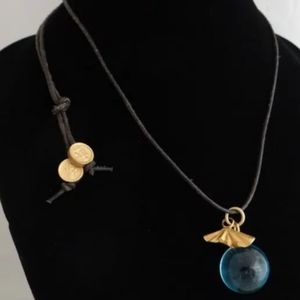 Blue Glass Orb on Leather Cord - Necklace